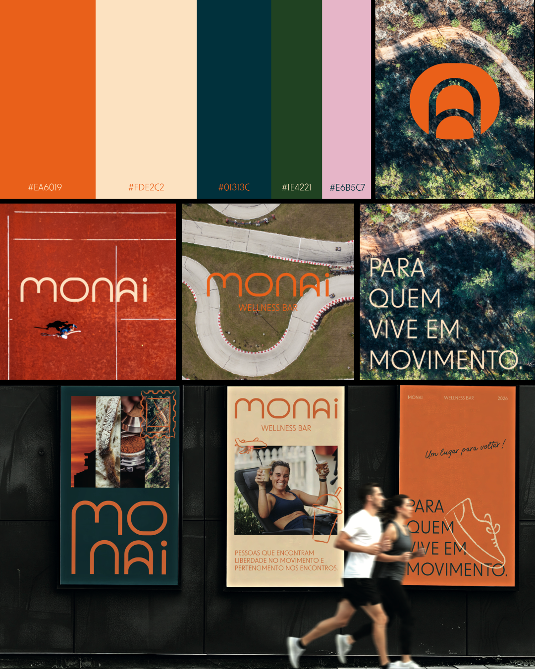 Board de marca da Monai com paleta de cores, logotipo e aplicações em pôsteres, desenvolvido pela Ikigai